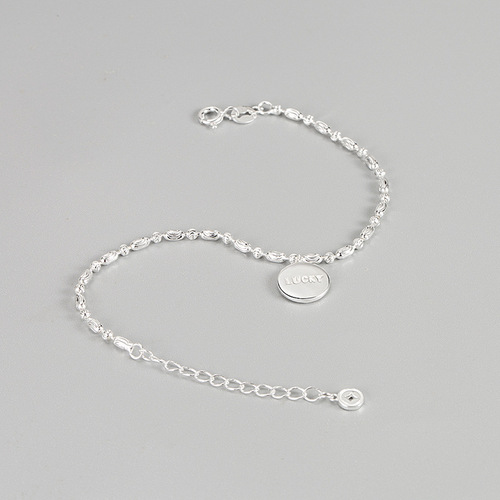 Korean Vintage S925 Pure Silver Shimmering Wave Charm Lucky Letter Round Pendant Cold Style Elegant Women's Jewelry Bracelet