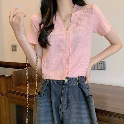 Designer-style niche women's summer Korean version temperament pleated V-neck slimming short-sleeved top women's gentle short-sleeved top