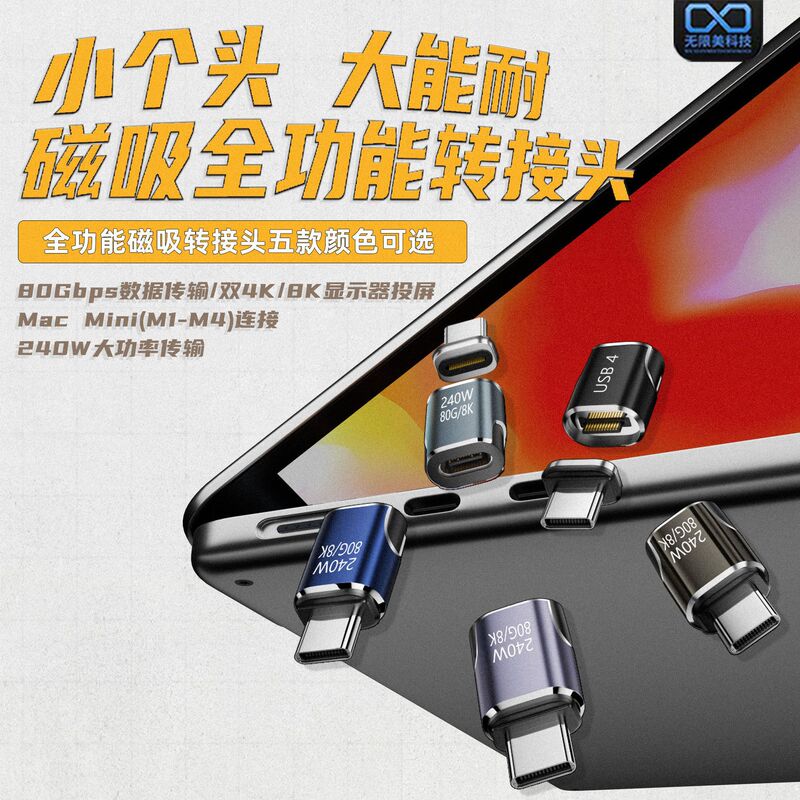 New 240W/80Gbps Magnetic Adapter Integrated Mini Short Body Typec Male to Female Usb4.0 Standard