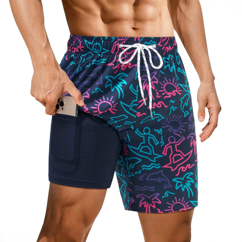 Men's Swim Trunks with Compression Liner 2-in-1 Shorts Swimsuit Drawstring Quick-Dry Elastic Lining Zipper Pocket Men's Swim Trunks with Compression Liner 2-in-1 Shorts Swimsuit Drawstring Quick-Dry Elastic Lining Zipper Pocket