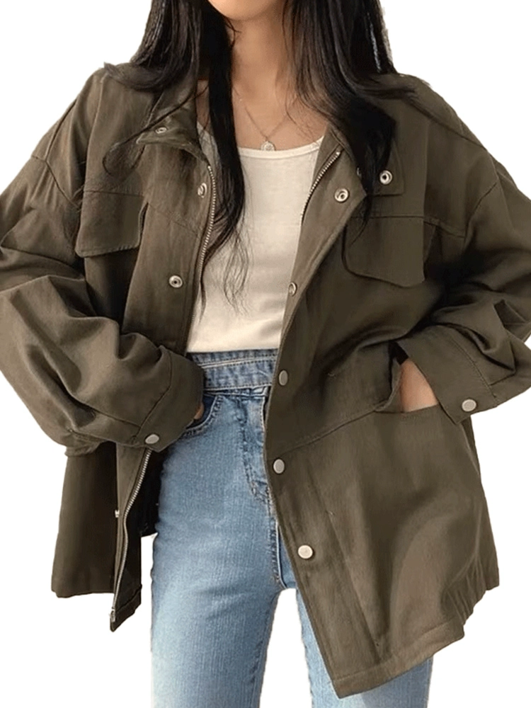 Пальто- Trench женскоеOversized корейский стиль, осеннее свободное кроя, военный зелёный и чёрный