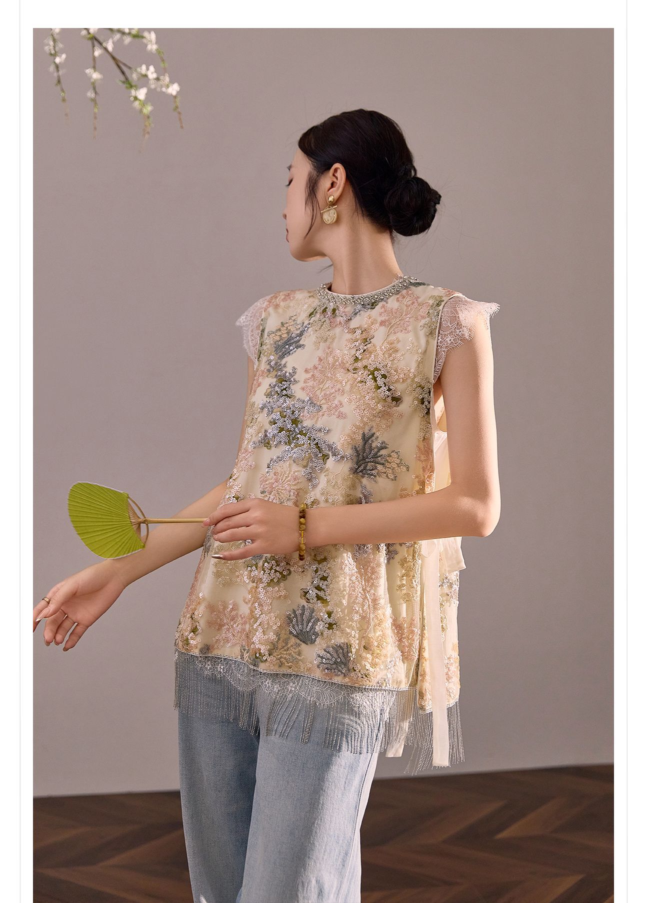 Áo hai dây nữ phong cách Trung Hoa đính tua rua sequin cổ đá N5058 — Màu hồng be chi tiết 13