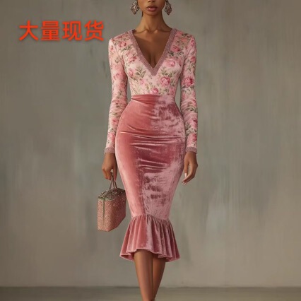 Cross-Border European and American Style Velvet Dress for Women, Tight-Fitting Bodycon Dress, 2025 Spring Hollow-Out Knee-Length Slim Fit Style