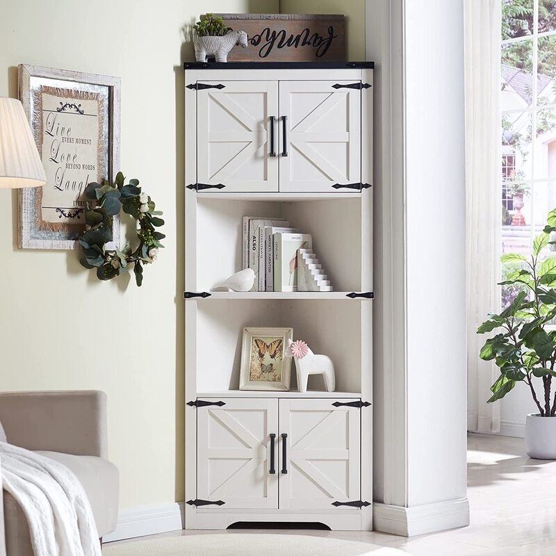 For Living Room Farmhouse Corner Cabinet,High Corner Bathroom Storage Cabinet,With Barn Door Design and Adjustable Shelves