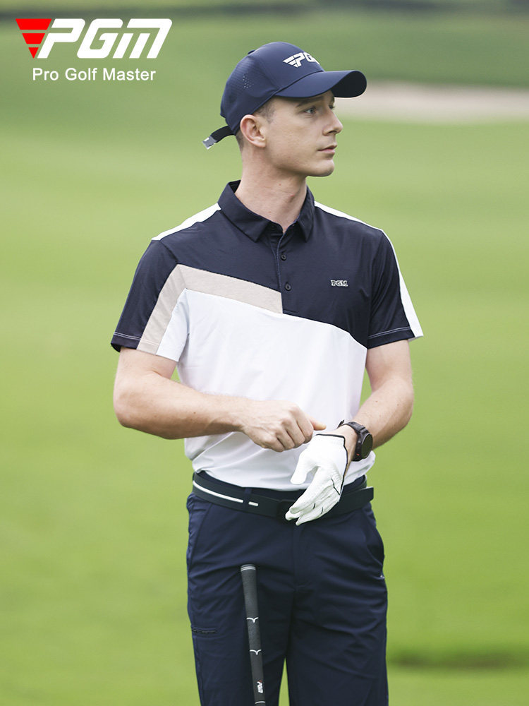 Áo polo golf nam PGM tay ngắn, phối màu tương phản, chất liệu thoáng mát — YF569-màu xanh nước biển, YF569-màu xanh lá cây