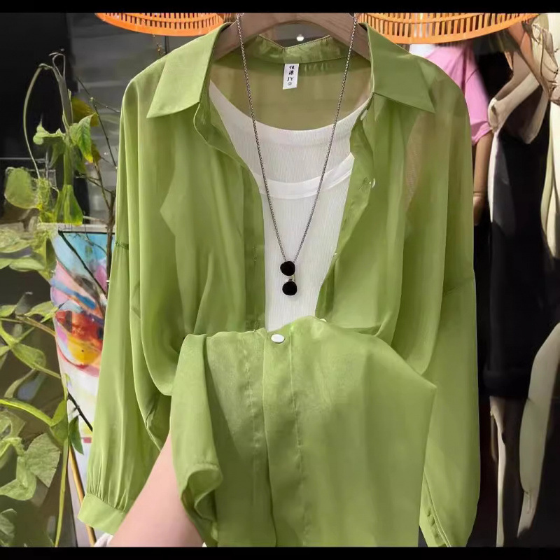 2026 Summer New Style Loose Pearlescent Yarn Sun Protection Cardigan Lantern Sleeve Shirt Thin Solid Color Fashion Top 2026 Summer New Style Loose Pearlescent Yarn Sun Protection Cardigan Lantern Sleeve Shirt Thin Solid Color Fashion Top