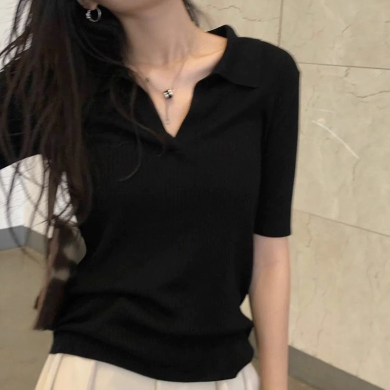 Cross-Border New Polo Collar Lyocell Knitwear Women's Summer Black V-Neck Slim Short-Sleeved T-Shirt Lapel Thin Top Cross-Border New Polo Collar Lyocell Knitwear Women's Summer Black V-Neck Slim Short-Sleeved T-Shirt Lapel Thin Top