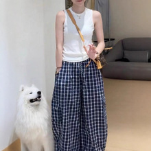 韩系设计感格子直筒裤拖地裤女2025夏季新款宽松显瘦百搭时尚长裤