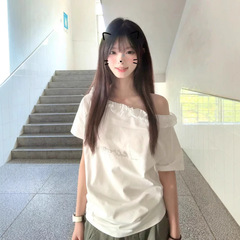 ホワイトホットダイヤモンドレース斜め肩半袖Tシャツレディース2025年夏新デザインホットガールオフショルダーニッチトップイン