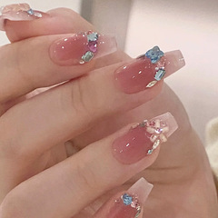【Floating Peach Dreams】Eagle-Gazing Aurora Blush Wearing Nails with 3D Flowers and Colorful Diamond Nail Stickers Complete Nail Sheet