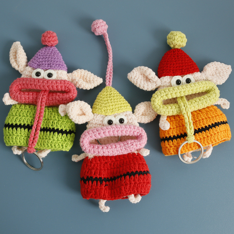 Creative Hand-Knitted Big-Eared Pig Key Bag Wool Crocheted Piggy Sausage Mouth Key Protective Cover Finished Product