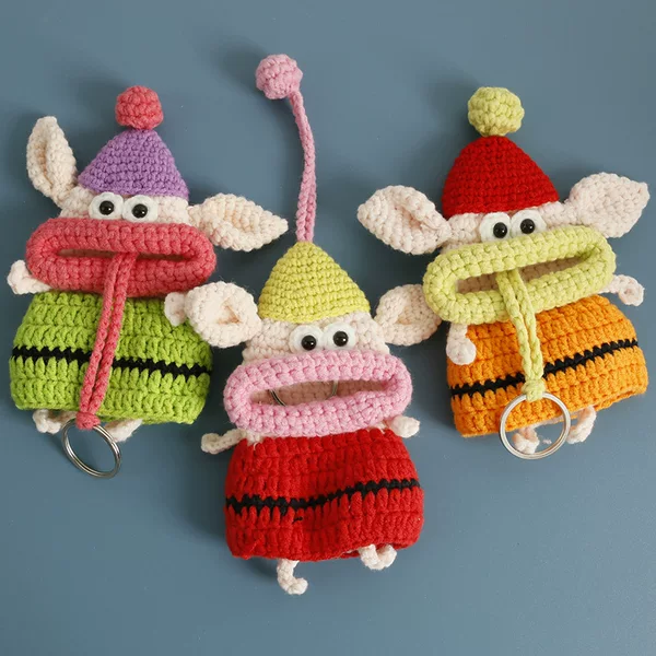 Creative Hand-Knitted Big-Eared Pig Key Bag Wool Crocheted Piggy Sausage Mouth Key Protective Cover Finished Product