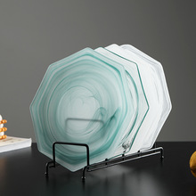 高级感白色云雾盘西餐厅点心盘水果盘轻奢磨砂八角玻璃盘早餐盘子