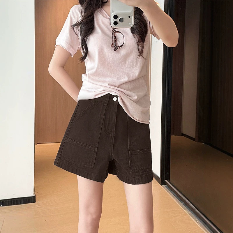 Vintage Coffee-Colored Workwear Denim Shorts for Women, New Summer Style, Plus Size, Loose Fit, Slimming A-Line Hot Pants for Pear-Shaped Figures