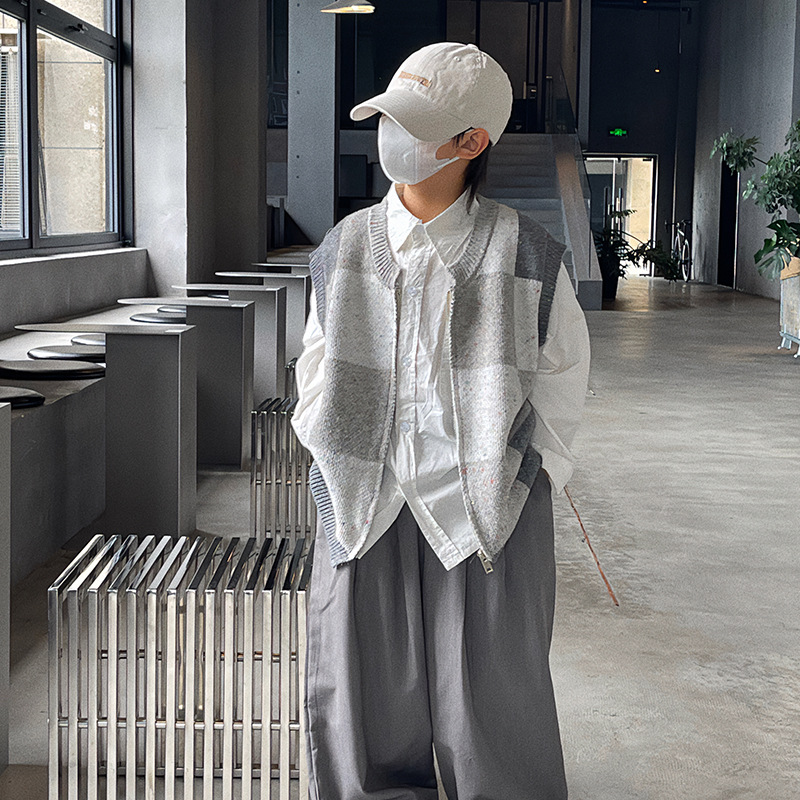 Baoduro ropa para niños Chaqueta de punto para niños chaleco 2023 nueva primavera y otoño ropa abrigo suéter a cuadros estilo coreano para niños