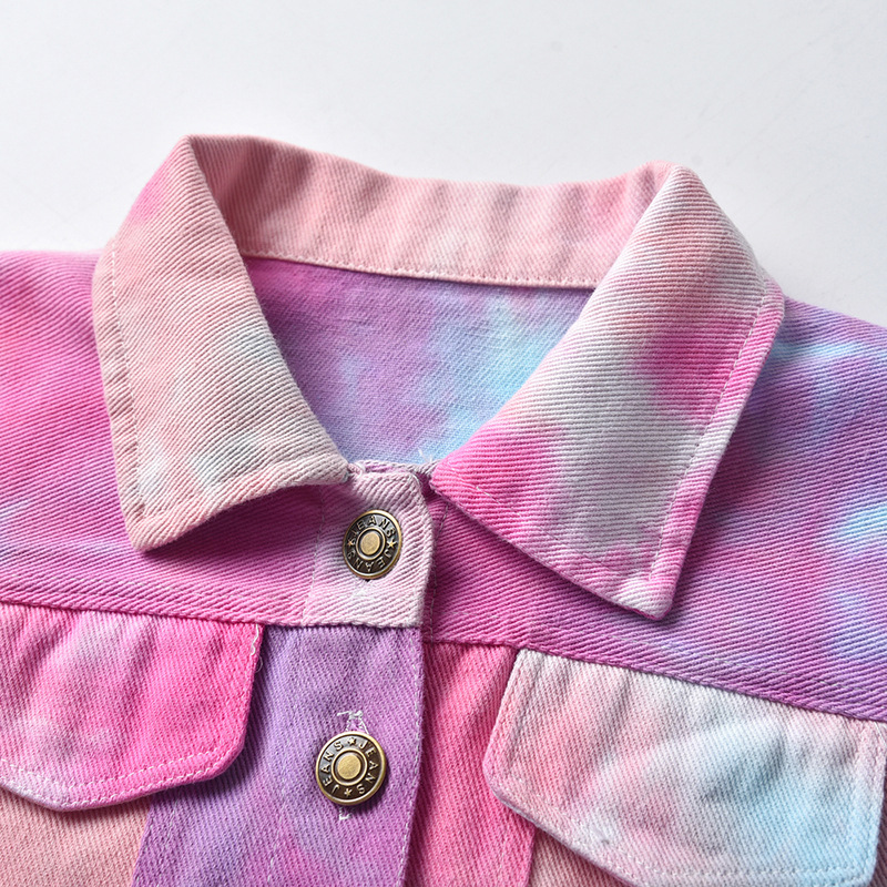 Multi-color Neutral Tie-dye Short New Children's Lapel Long-sleeved Denim Jacket display picture 3