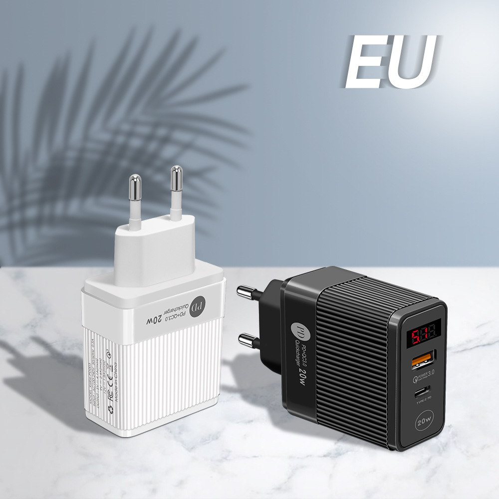 Dual port 20W digital display fast charging head QC3.0+PD charger British standard plug type-c power adapter_voghion.com
