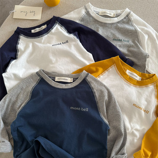 Children's Long-Sleeved T2025 Squinting Eyes Autum New Product for Boys and Girls Contrasting Color Long-Sleeved t Baby Letter Splicing T-Shirt Trendy