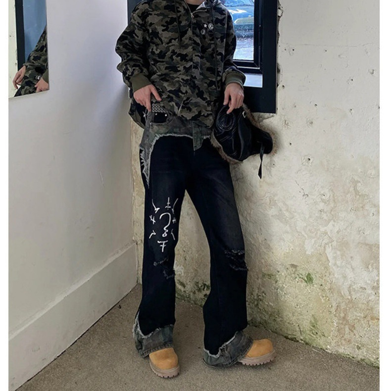 European And American Hip Hop Niche Patchwork Jeans Men's American Street Style Loose Casual Washed Ripped Straight Leg Jeans_mkmklike.com