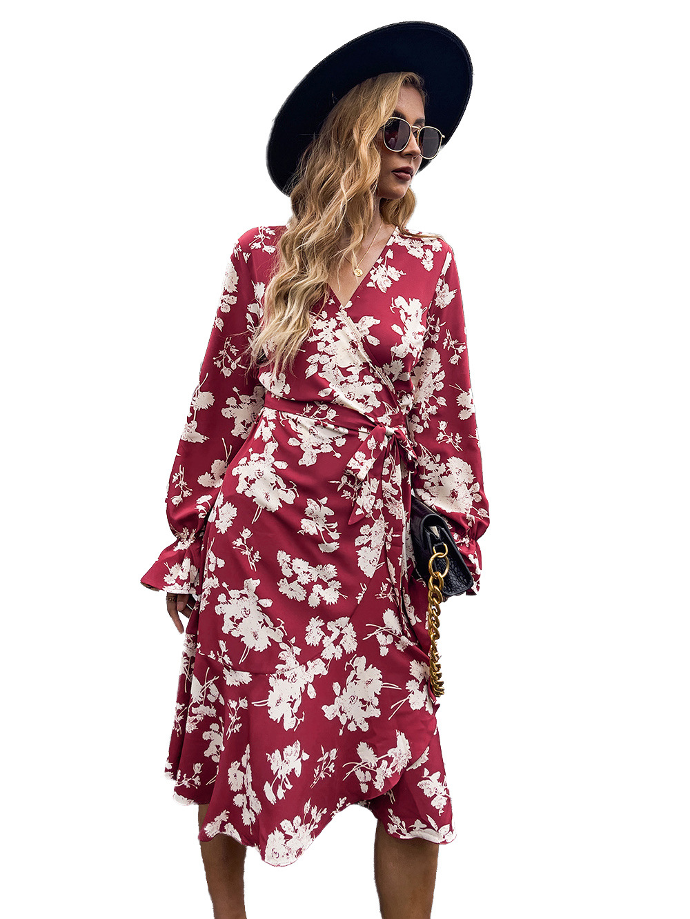 v-neck print red skirt high-waist long-sleeved dress Nihaostyles wholesale clothing vendor NSDF76447