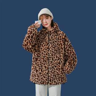 2021 New Autumn and Winter Men's Trendy Brand Loose Short Plush Leopard Print Jacket Cotton Outwear Couple Hooded Jacket