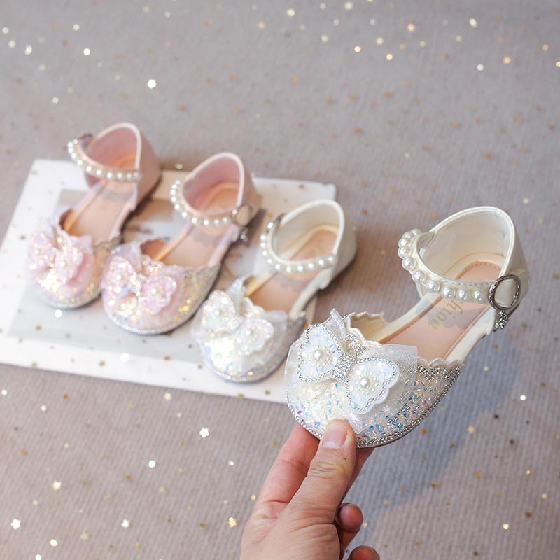 2026 New Girls' Shoes Children's Princess Shoes Girls' Bow Crystal Leather Shoes Rhinestone Shiny Shoes Wholesale