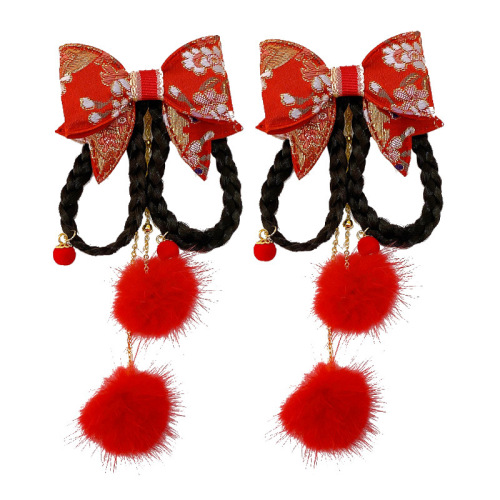 Chinese style New Year's headdress children's Tang suit Hanfu New Year hair accessories baby girl's wig bow tassel hairpin