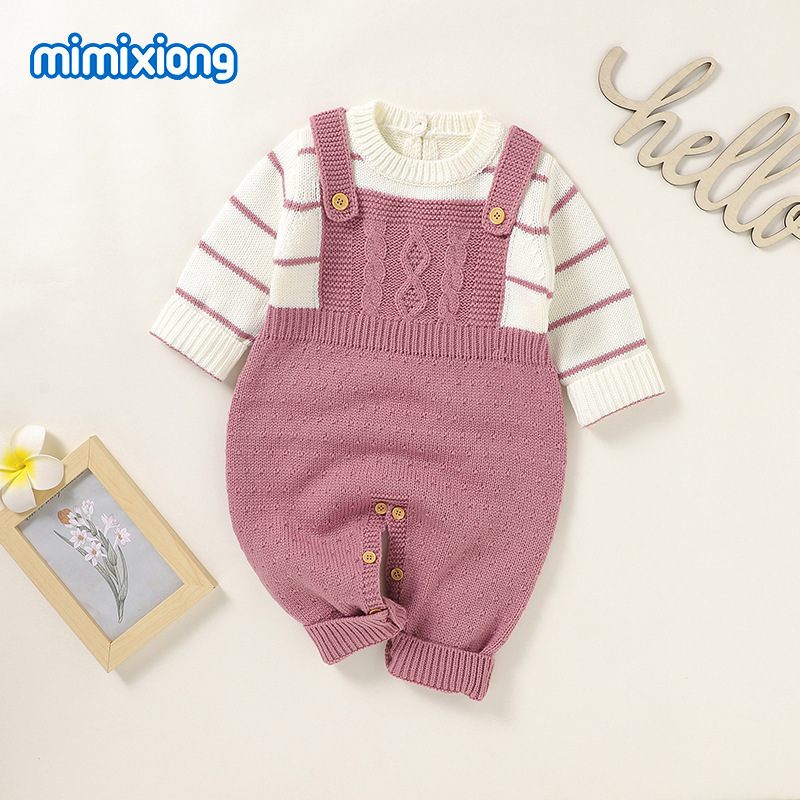 ins热卖新款婴幼童针织条纹假两件哈衣爬服|undefined
