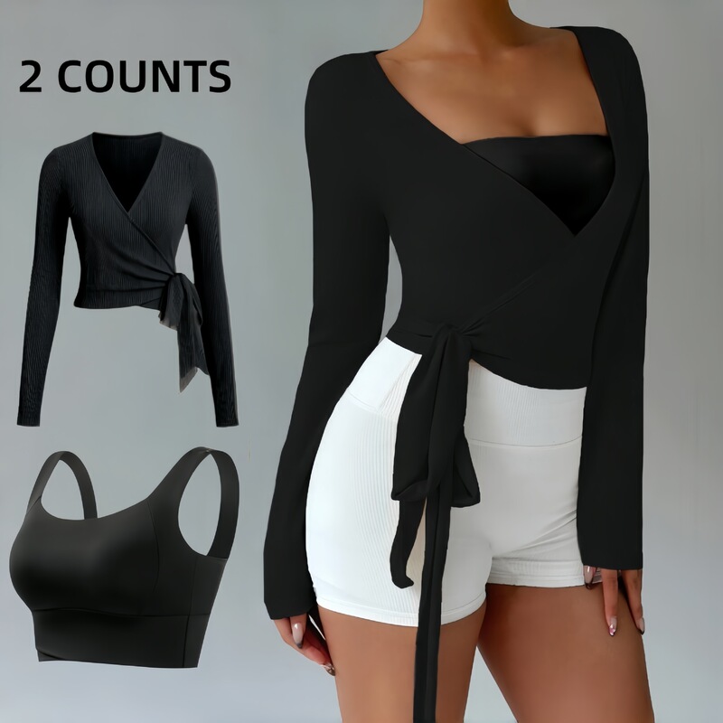 Lulu Lightweight Cross-Border Sun Protection Top Breathable Yoga T-Shirt Lace-Up Blouse Top Plus Bra Yoga Suit