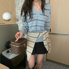 韩国ins秋季新品韩系减龄少女感百搭V领条纹宽松套头针织衫女上衣
