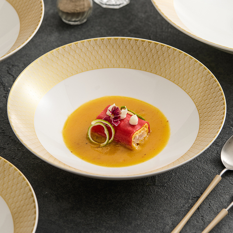 Wanli Golden Ceramic Plate Household Dish Plate High-End Gold-Painted Western-Style Dinner Plate Hotel Artistic Conception Dish Creative Soup Plate Wanli Golden Ceramic Plate Household Dish Plate High-End Gold-Painted Western-Style Dinner Plate Hotel Artistic Conception Dish Creative Soup Plate