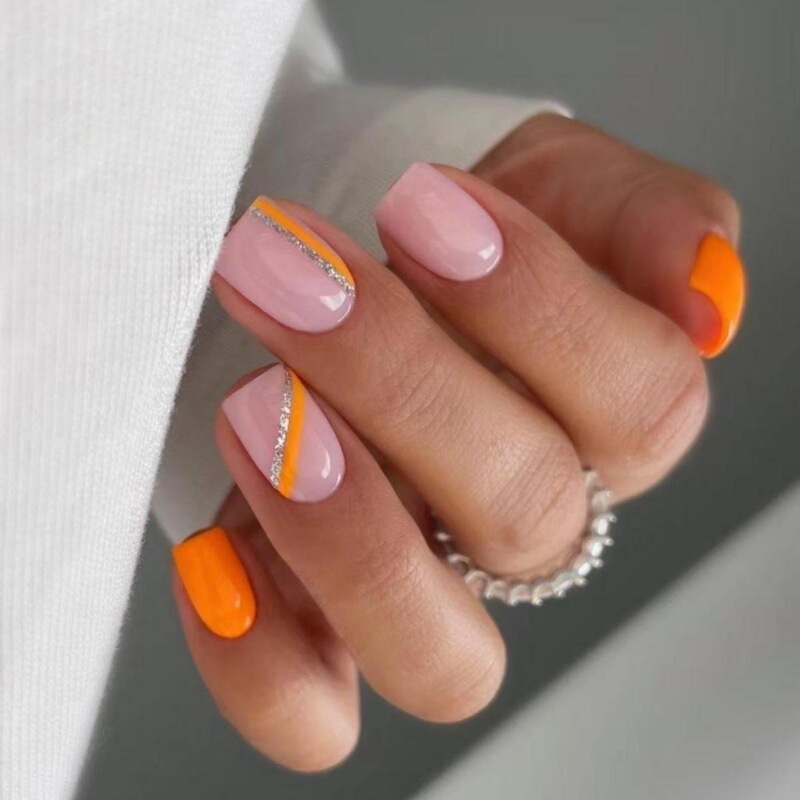Cross-border short square orange French wear nail geometric lines glitter design Foreign trade press-type fake nails