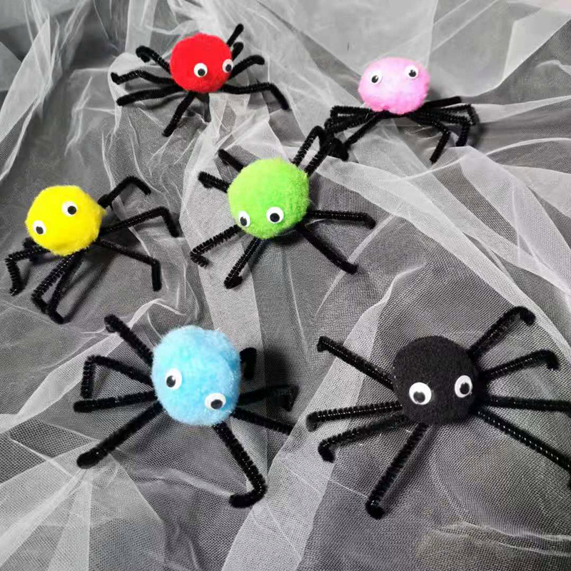 跨境万圣节蜘蛛可爱毛球蜘蛛恐怖鬼节用品派对舞会节日气氛装饰用