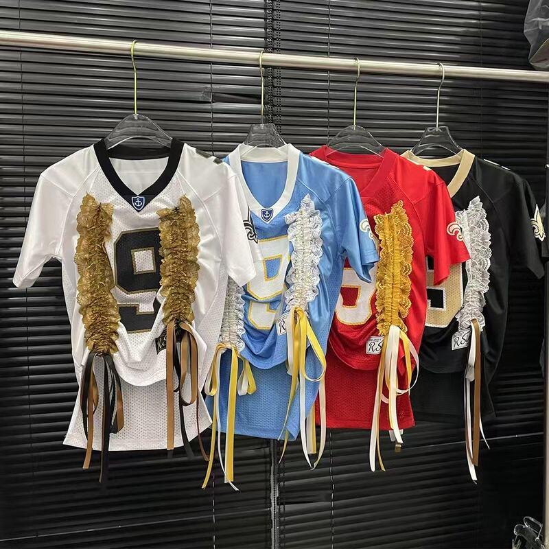 2025 Summer Vintage Lace Stitching Mesh T-Shirt Female Niche Design V-Neck Short Fashion Top