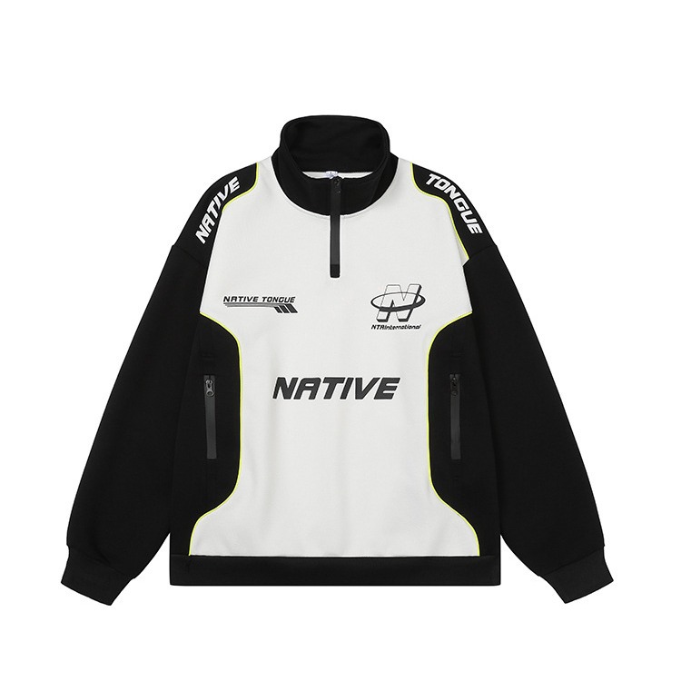 原创美式复古半拉链拼色赛车服卫衣男女春秋情侣潮服高街机车外套