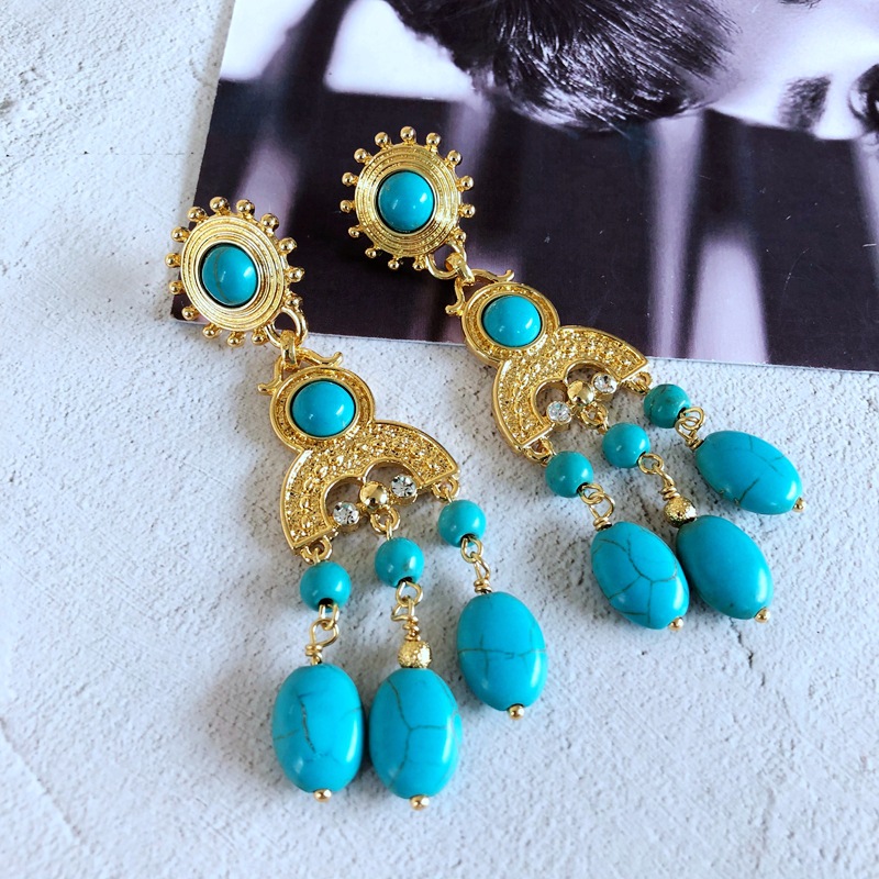 Wholesale Jewelry Vintage Turquoise Stone Pendant Long Necklace Earrings Nihaojewelry display picture 9