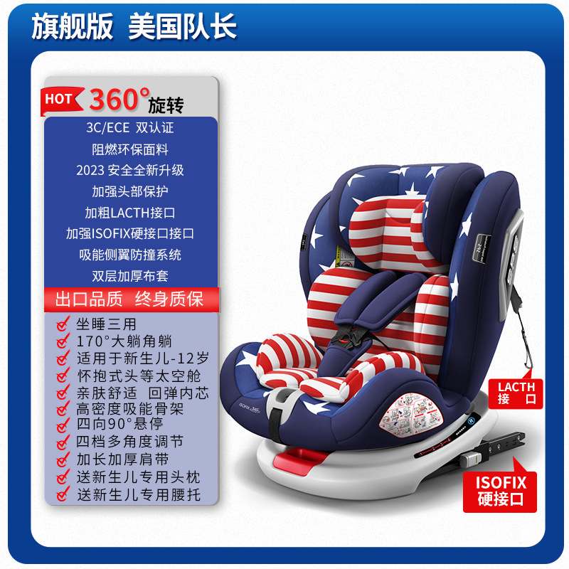 Ultimate version of team usa [isofix+latch+360°Rotation】+side protection+170°Lying angle +90°Hover
