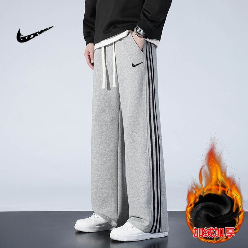 American-Style Three-Stripe Patchwork Straight Fleece-Lined Casual Pants, New Autumn and Winter Youth Sports Pants, Men's Loose Long Pants