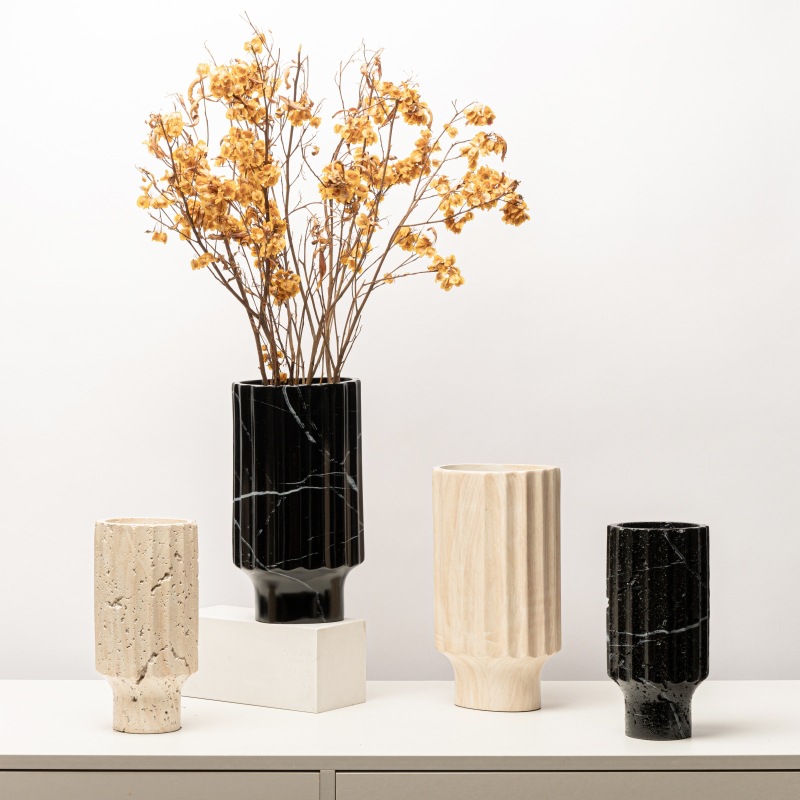 北欧现代仿大理石纹树脂花瓶花器摆件客厅餐厅圆柱软装家居装饰品