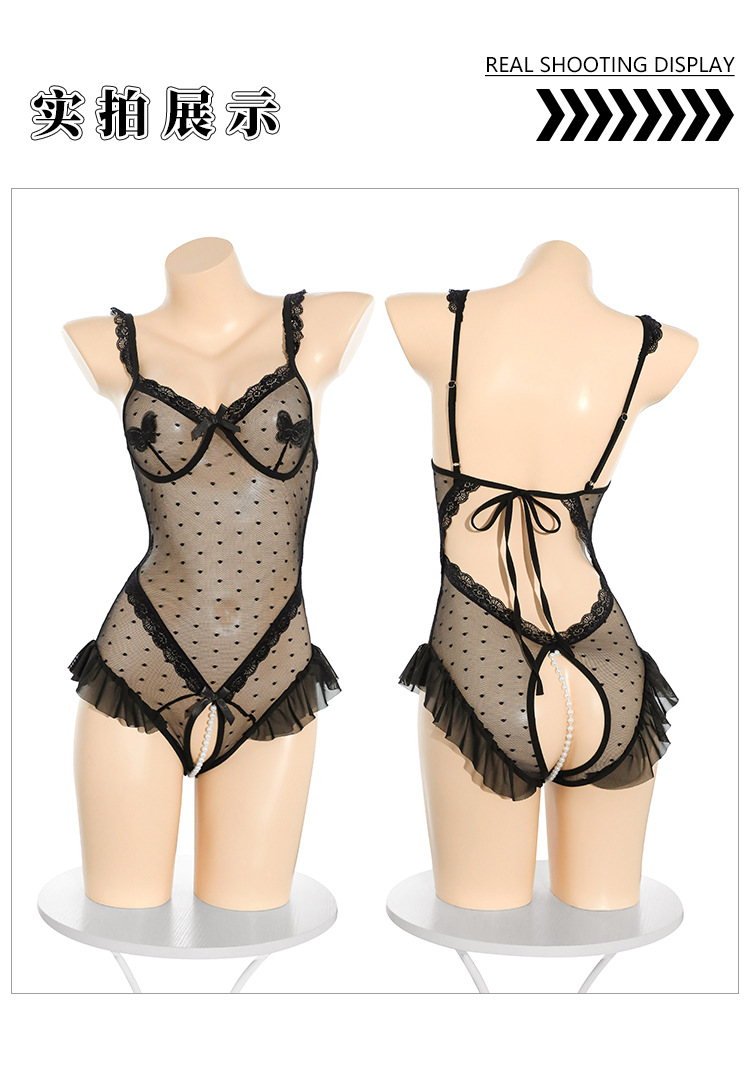 Feimu Polka Dot Sheer Mesh Open-Crotch Strapless Bodysuit with Pearls — detail image 15
