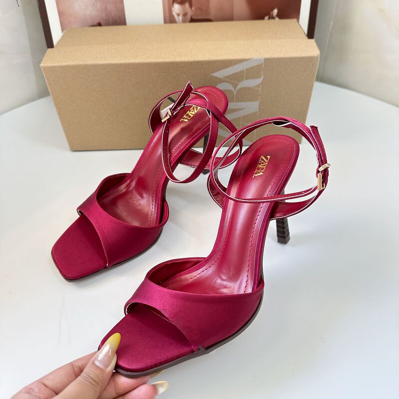 Za's 2025 New Women's Shoes in Burgundy with Thin Heels, Elegant Ankle Strap High Heels, Square Toe Open-Toe Single Strap Sandals