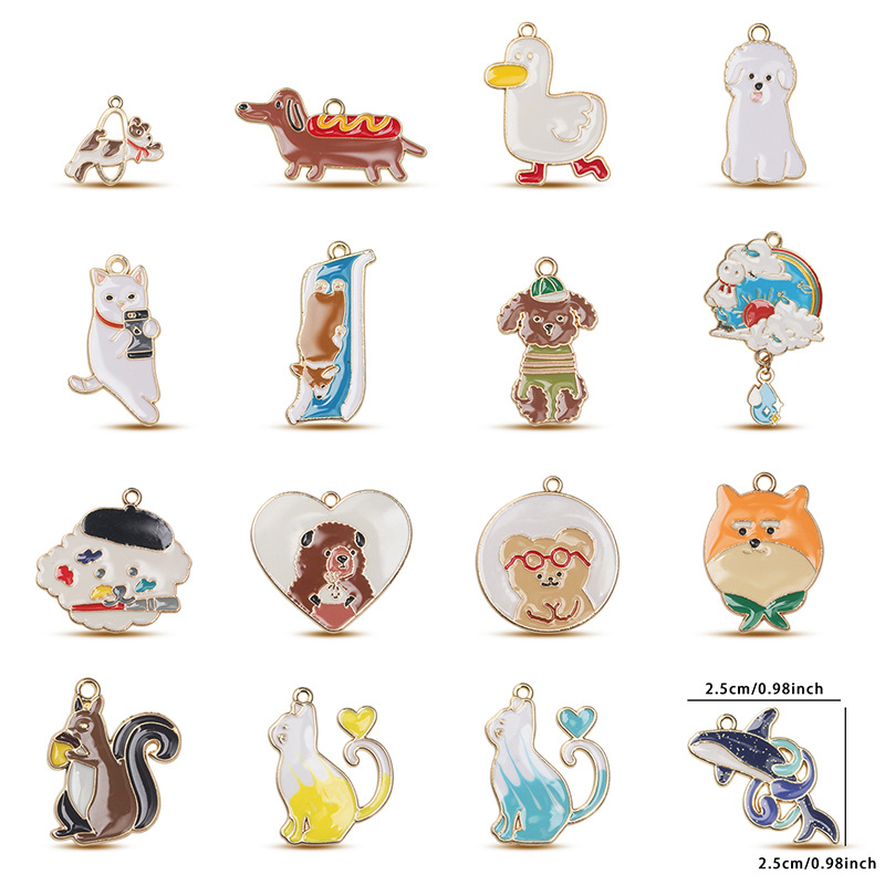 16 귀여운 개 펜던트 diy 골드 드롭 오일 합금 키 체인 팔찌 펜던트 쥬얼리 액세서리 도매 혼합