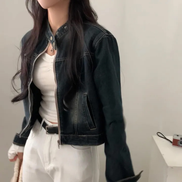 2025秋季新品韩版chic小众个性立领带拉链短款牛仔外套女夹克|undefined