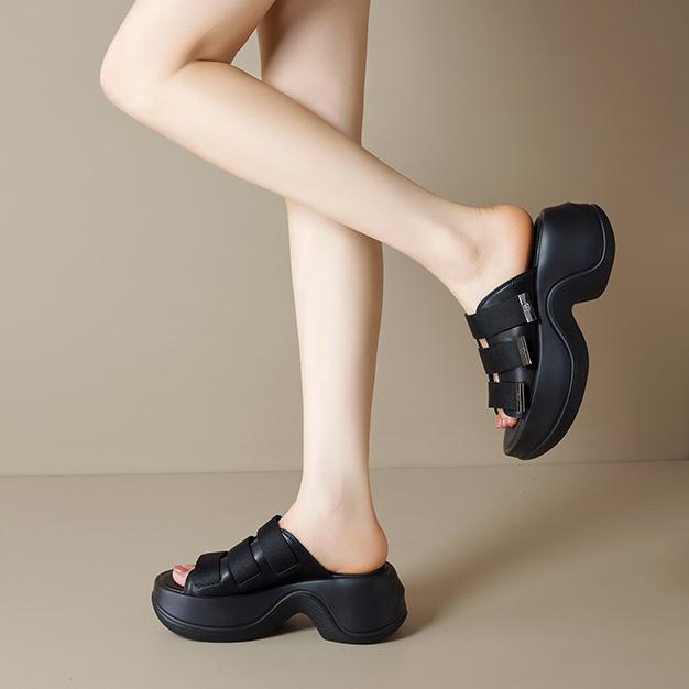 Dép sandal hở mũi nữ đế bệt 7cm tăng chiều cao quai ngang Velcro — đen, Màu trắng sữa