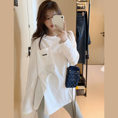 ピュアコットン長袖Tシャツ女性用2025春秋新作スリットホワイトミッドレングス万能ボトムシャツトップアウターイン