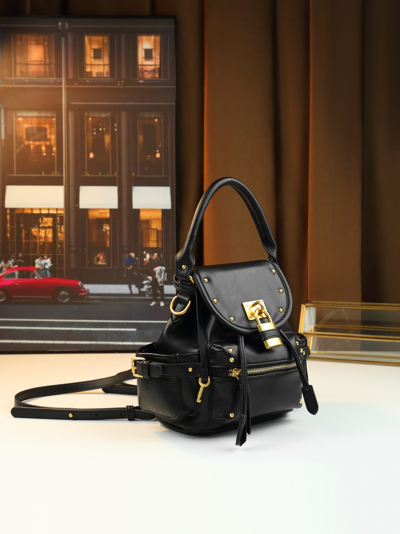 Borsa a mano retrò con lucchetto borchiato, media, multifunzionale, da donna, a tracolla, zaino da pendolare, in pelle PU con cerniera_voghion.com