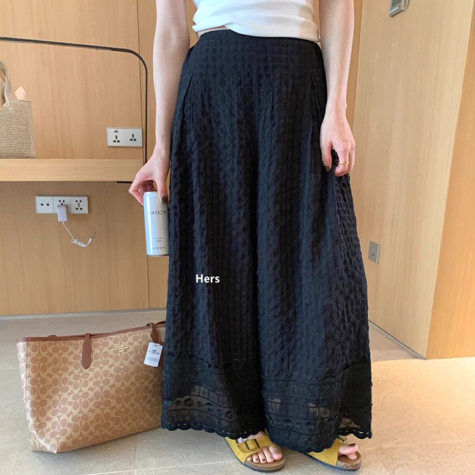 Hers una cucharada de pantalones casuales con costuras de encaje dulces, simples y casuales, pantalones anchos sueltos de primavera y verano para mujer 20589 image 2