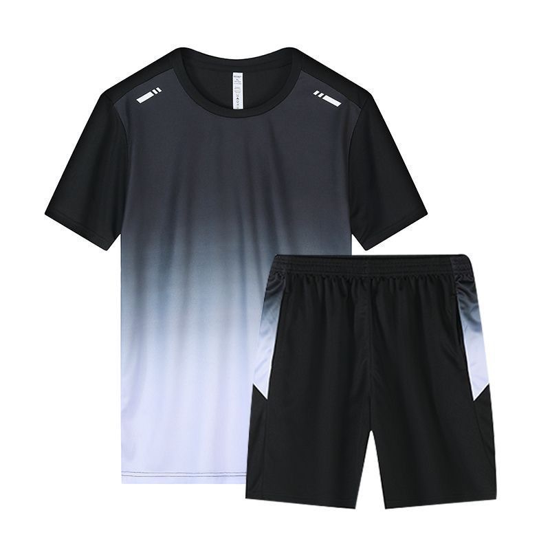 Verano nuevo estilo de seda de hielo pantalones cortos de secado rápido traje deportivo para correr fitness masculino de dos piezas degradado teñido de manga corta camiseta
