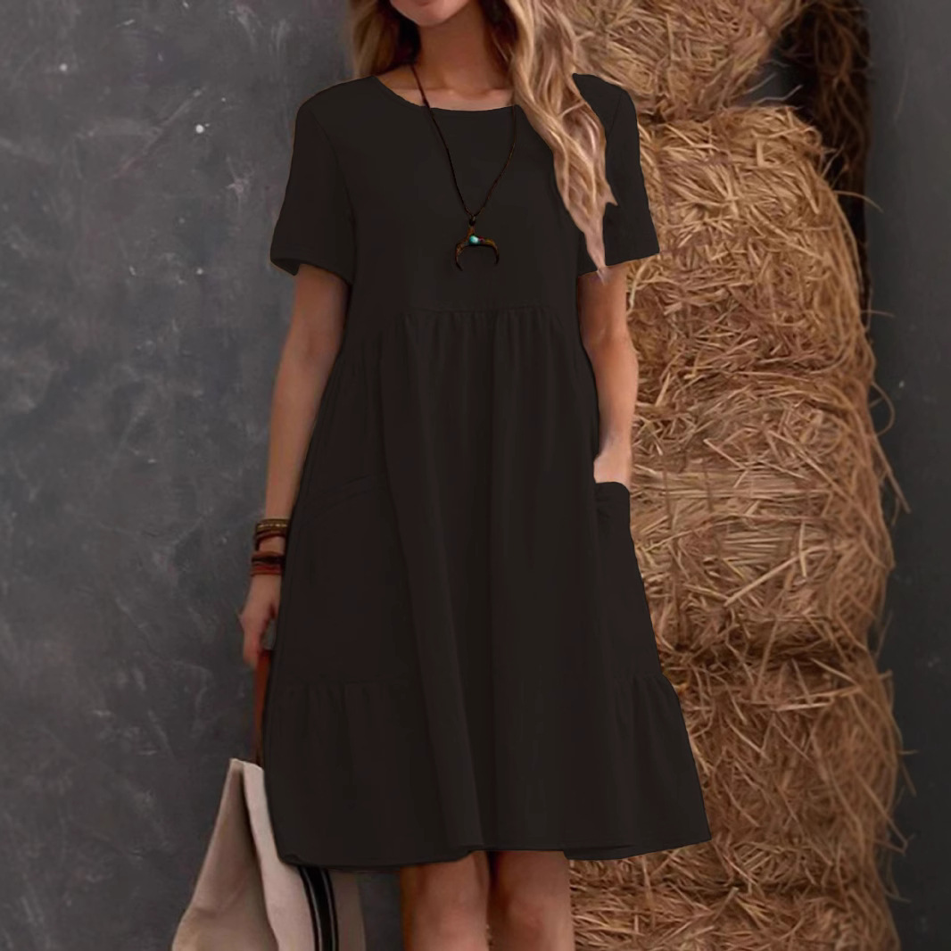 Women's Casual Short Sleeve A-Line Dress With Pockets, Solid Color Round Neck T-Shirt Dress For Everyday Wear_ecoleips.com