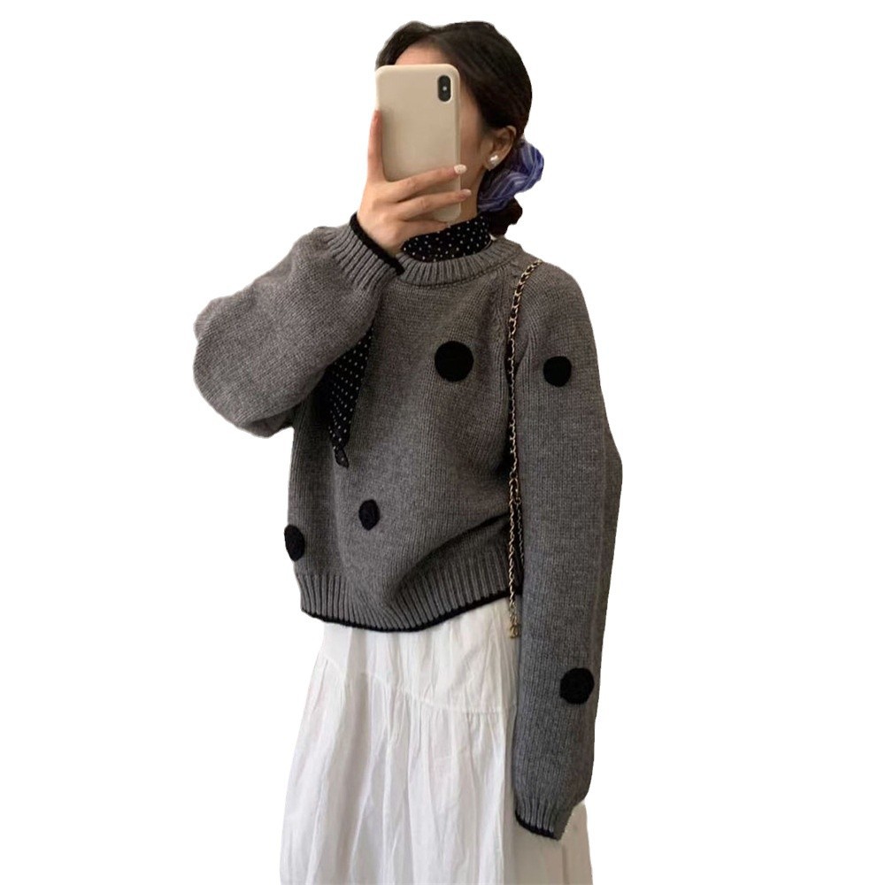 (2개) 한국 스타일 3 차원 폴카 도트 라운드 넥 스웨터 여성의 가을 및 겨울 새로운 도착 느슨한 짧은 풀오버 스웨터 탑